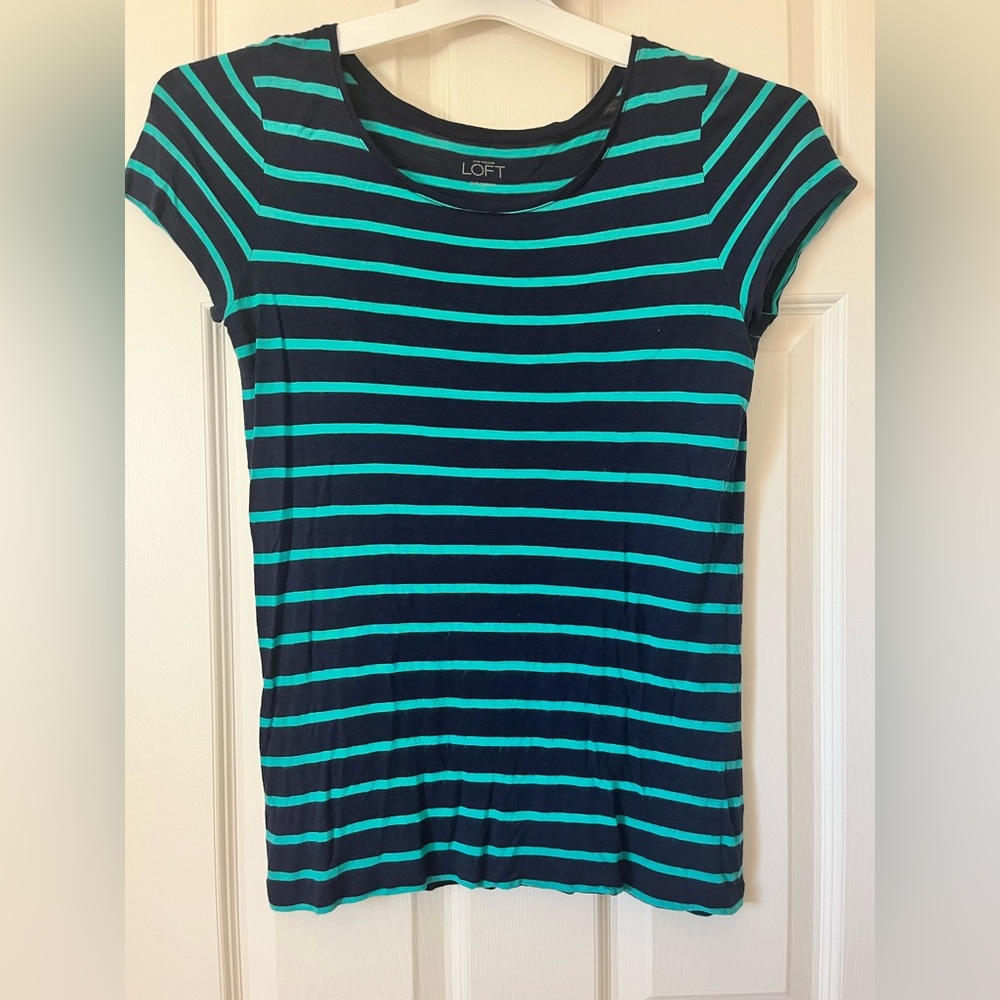 ann taylor LOFT women’s green and navy blue short sleeve striped top
